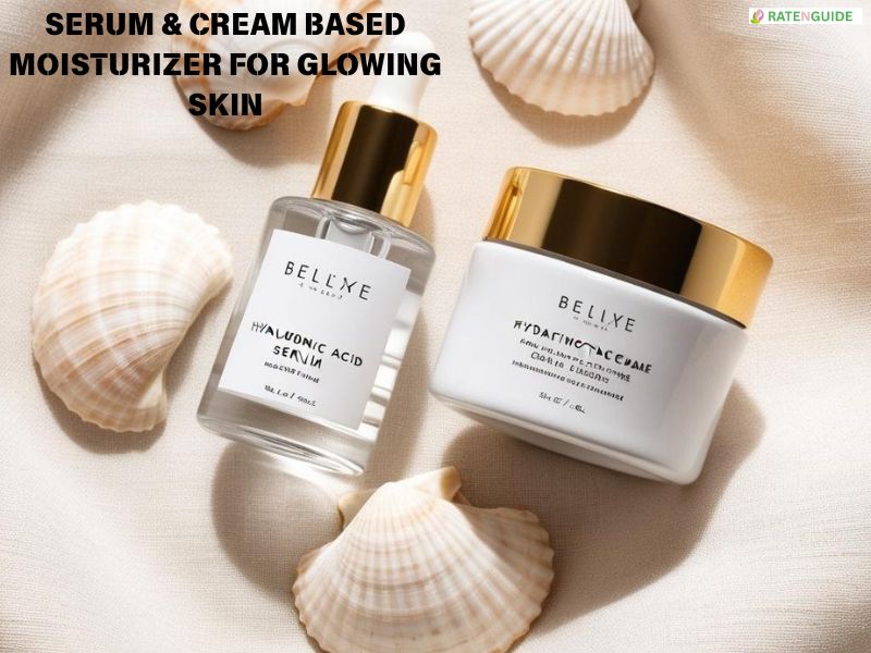 Serum bottle and hydrating face cream jar flat lay for glowing skin care routine | ratenguide.com