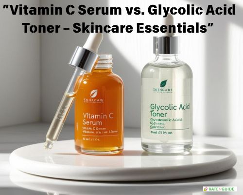 "Vitamin C serum and Glycolic Acid toner bottles for skincare routine.” | ratenguide.com